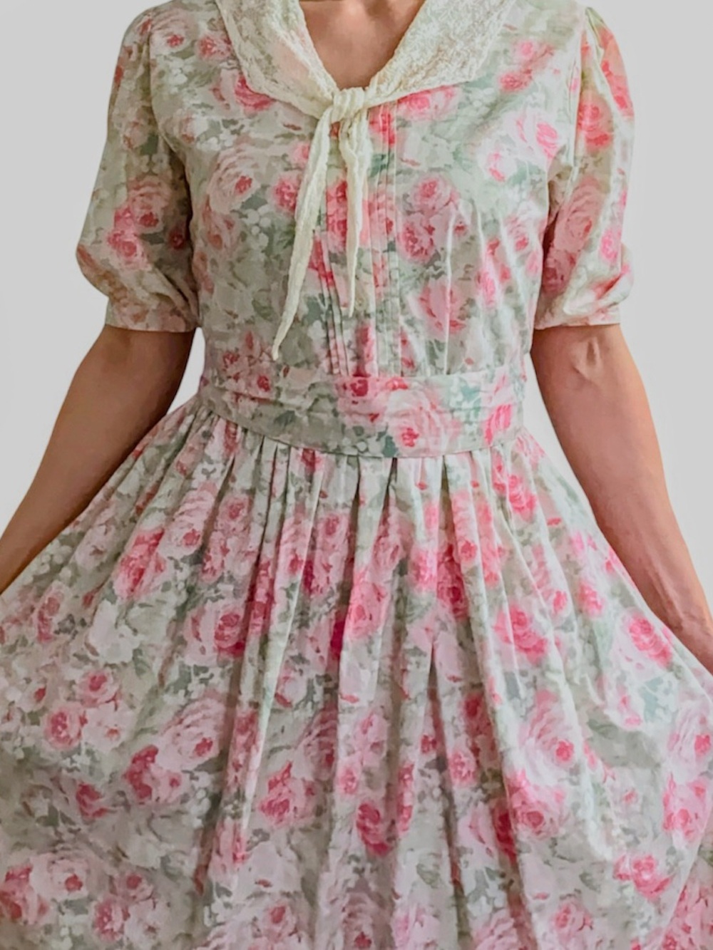 Vintage Laura Ashley Ireland Rose Floral Cotton Lace Collar Dress USA 14